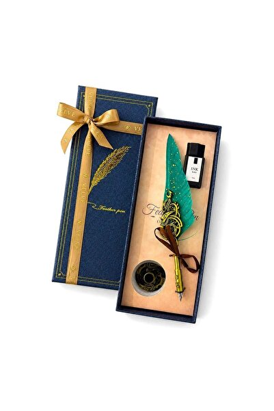 velve Set caligrafie Royal Feather, stilou cu pana verde-smarald, calimara si...
