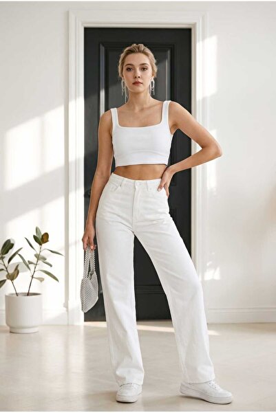 we-rayss Beyaz Renk Kadın Yüksel Bel Palazzo Jeans, Geniş Paça Salaş Pantolon