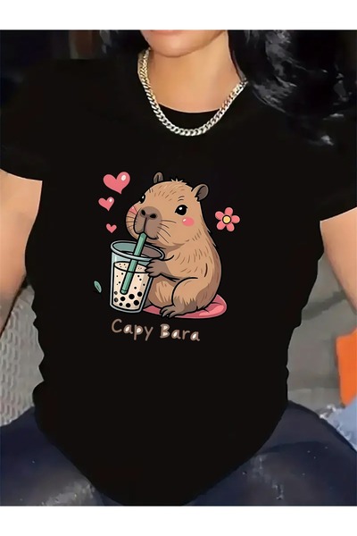 1001 Line تي شيرت قطني بأكمام قصيرة بتصميم كابيبارا لطيف يشرب شاي الفقاعات، خ...