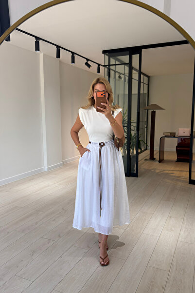 Sezgi Tekin Garnili Belt Detail Padded Ecru Dress