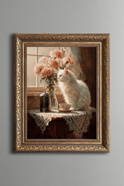 epiqart Cat and Flowers in Front of the Window – Vintage Patterned Painting –...