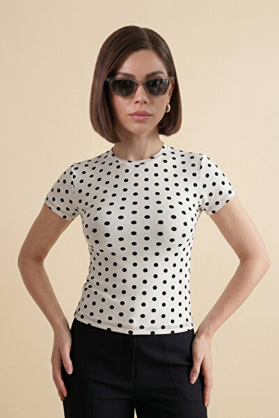 Merterium Women's Short Sleeve Polka Dot Blouse 1534 - White