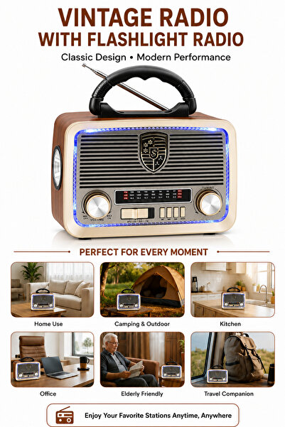 Baytix HOME Vintage Portable Bluetooth Radio with Flashlight, FM AM SW Wirele...