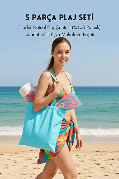Bimotif 5 parça Plaj Seti, Açık Mavi Plaj Çantası (36x39 cm, %100 Pamuk) ve 4...