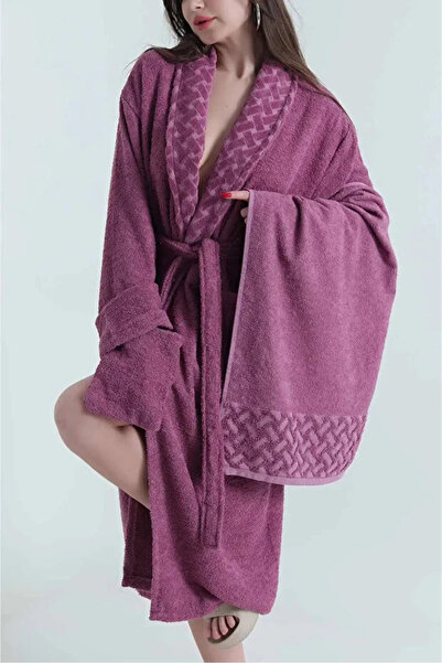 MATA ÇEYİZ Partial Velvet 3 Piece Bathrobe Set - Bathrobe + Head Towel + Wash...