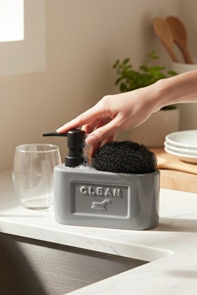 ALBETTO Stoneware Liquid Soap Dispenser with Sponge Compartment Gray 48798