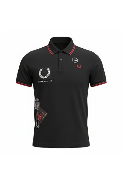 Fred Perry قميص بولو قطني أسود للرجال مع تفاصيل مطرزة
