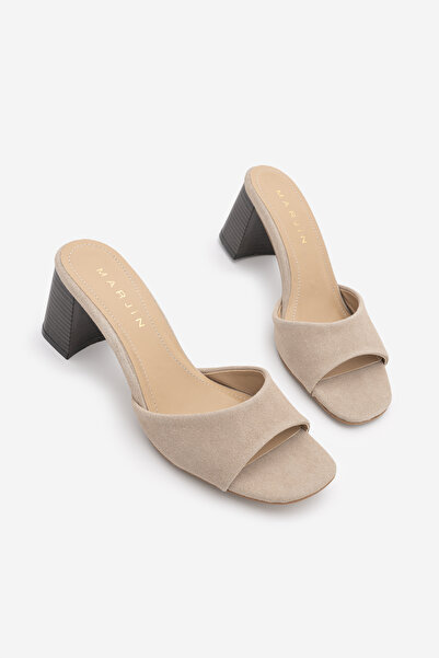 Marjin Women's Blunt Toe Banded Thick Heeled Slippers Deyola Beige Suede