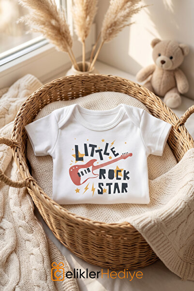 ÇELİKLER HEDİYE Little Rock Star Printed Baby Bodysuit 100% Cotton Unisex Bod...