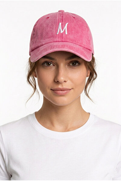 ŞapkaMania Pink Embroidered Washable Vintage Unisex Hat with Letter m
