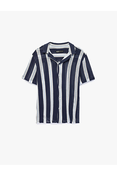 Koton Cotton Regular Fit Turn-Down Collar Openwork Striped Short Sleeve Shirt