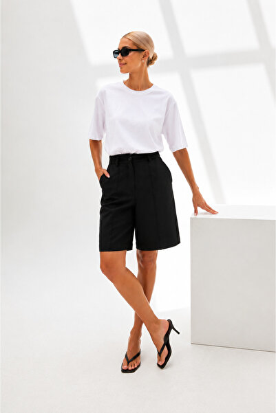 LADYA COLLECTION Pantaloni Capri din in negru, cu talie înaltă și picior larg