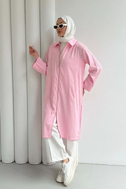 Modaensarbutik Önü Fermuarlı Nefes Alan Tensel Kumaş Kap-PEMBE