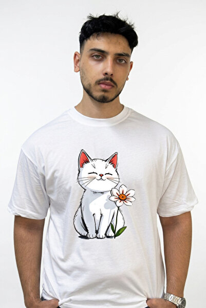 Anetos Cat Cicek Design Printed Oversize White T-Shirt