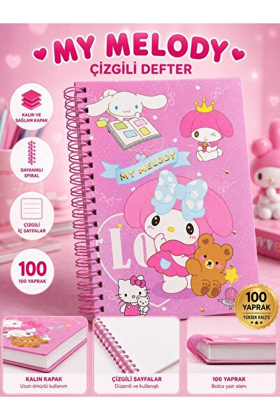 PeriMila Sevimli Kuromi ,My Melody Karakter Tasarımlı Çizgili 100 Yaprak Spir...
