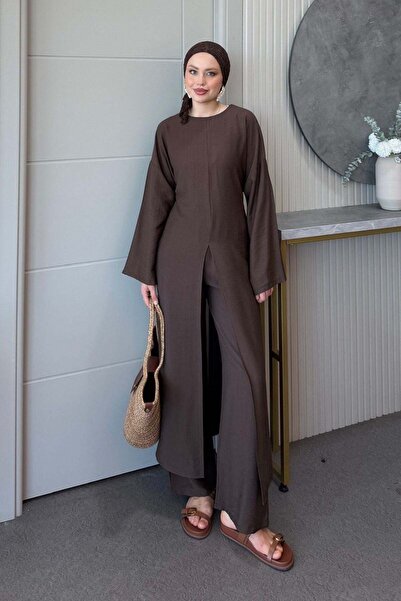 Hazamoda Nora Front Slit Linen Suit Brown