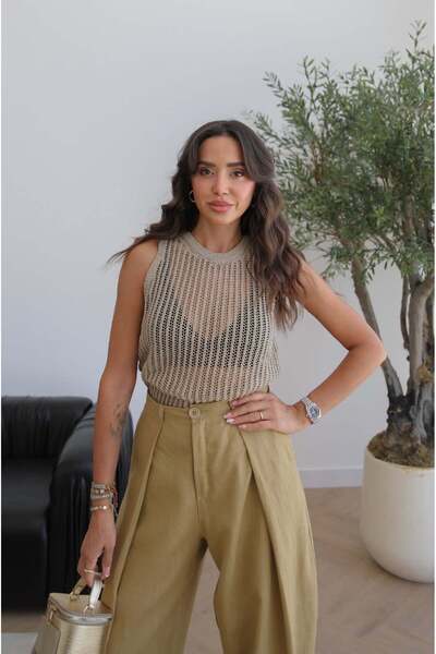 Havoş Gold Vesta Glittery Openwork Knitwear Blouse