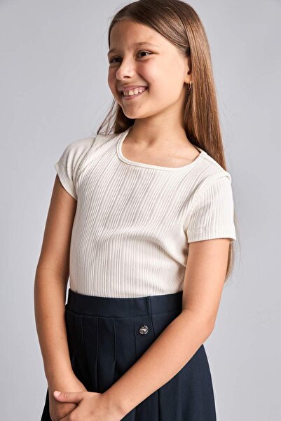 DeFacto Crew Neck Ribbed Short Sleeve Ecru T-Shirt Girls I0993A826Au