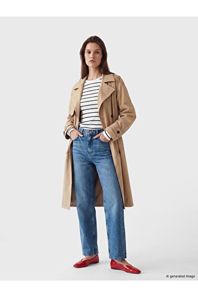 LC Waikiki Lcw Modest Beige Double-Breasted Collared Belted Women's Trench Coat