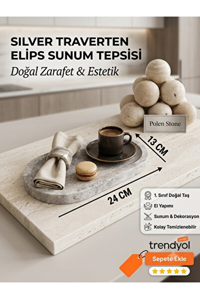 Polen Stone Silver Travertine Ellipse Presentation Tray - 13X24 cm - Natural ...