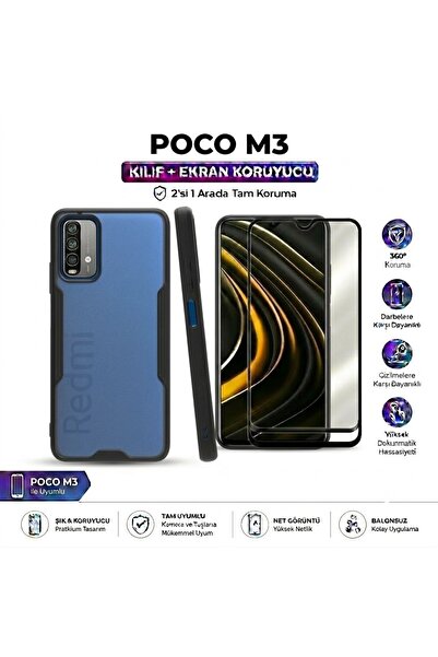 Nettech POCO M3 Kılıf + Ekran Koruyucu 2'si 1 Arada Tam Koruma Seti