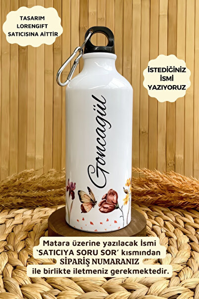 Loren Gift Kişiye Özel İsimli Kancalı Alüminyum Suluk Matara Gün Batımı Çiçek...