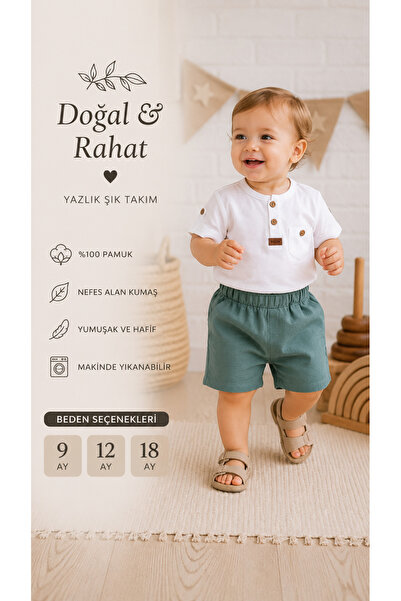 NOTA KİDS Baby Boy 2-Piece Set Organic Button-Up T-Shirt and Shorts Summer Se...