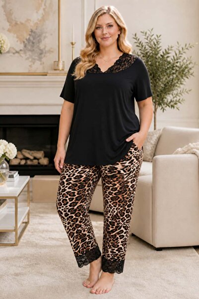 tarzımsüper Plus Size Luxury Pajamas Set with Elastic Waist Comfort Model Cot...