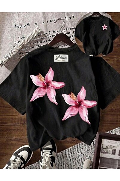 LELVANİ Women's Double Pink Lily Flower Front and Back Printed Crewneck T-Shirt