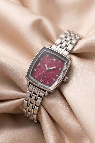 GANYMET Snies Women's Silver Steel Band Claret Red Dial Rectangular Oval Case...