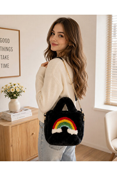 OEM Women's Plush Bag , Rainbow Pattern, Removable Gold Chain, Zipper, 20 × 2...