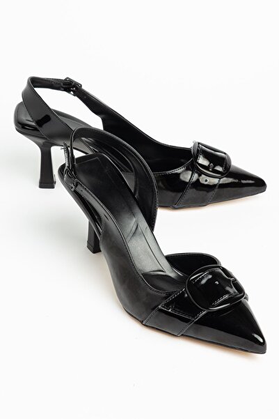 Moda Eleysa Jayla Women's Black Patent Leather Buckle Detailed Thin Heeled Ca...