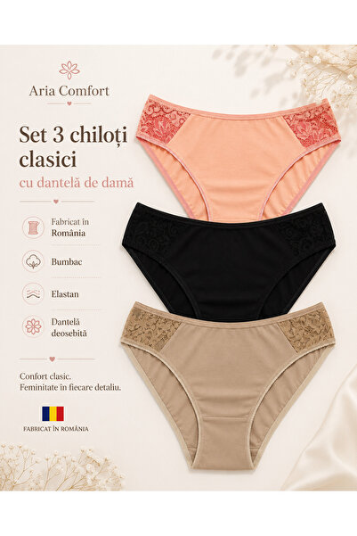 Aria Comfort ✨ Set 3 Chiloți Clasici Damă – Bumbac moale, (Bej, Negru, Portoc...