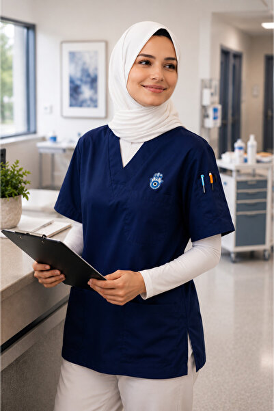 mirach Fatma Ana Eli Embroidered Hijab Nurse Uniform Top - Navy Blue Women's ...