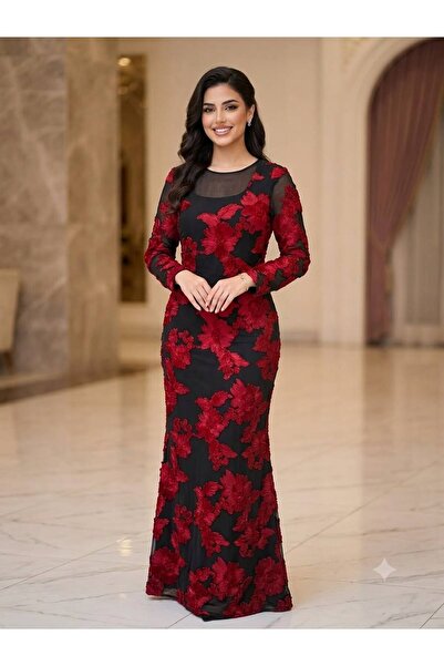 Pyramid masterpieces Velvet Evening Dress with Luxurious Floral Embellishments