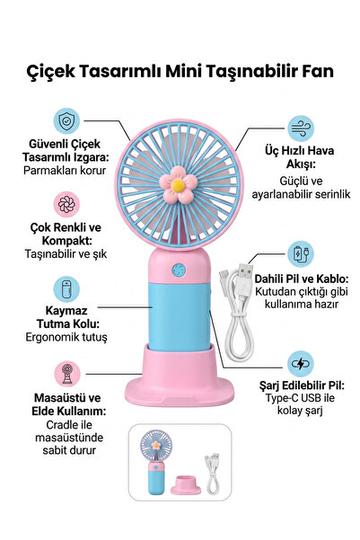 segyhome Çiçek Tasarımlı 3 Kademeli Ayaklı Mini El Fanı – Taşınabilir Serinlik