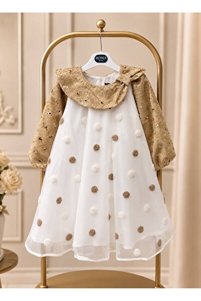 Rawai Roma Girls' Luxurious Dress with Gold Sequins and Polka Dot Tulle
