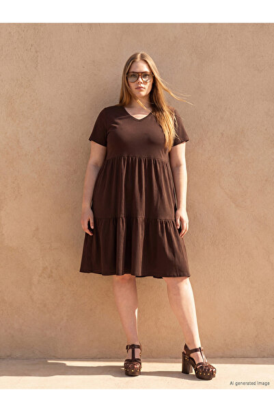 LC Waikiki Lcwaikiki Curve Brown Plus Size V-Neck Layered Dress