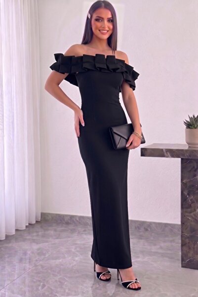 Aysan Moda Staraplez Gathered Filled Full Lycra Event Dress with Low-Cut Detail