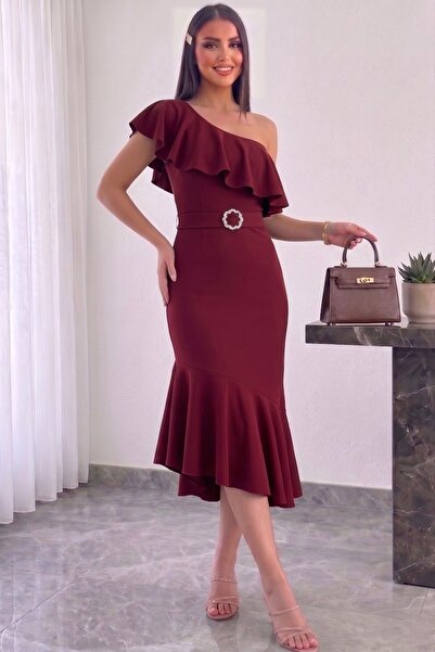 Aysan Moda One-Shoulder Midi Dress with Flywheel Detail