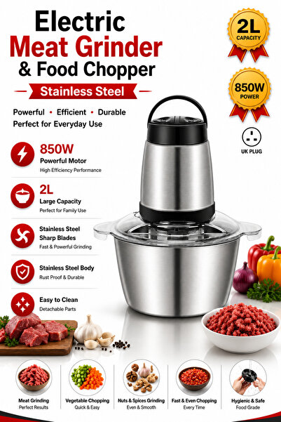 Baytix HOME 2L Electric Food Chopper & Meat Grinder 850W, Stainless Steel Foo...