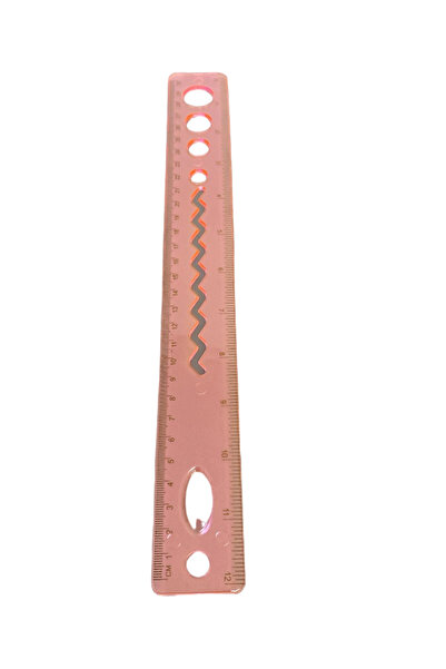 30cm Şeffaf Pembe Plastik Cetvel Zigzag ve Şablon Delikli Okul Cetveli