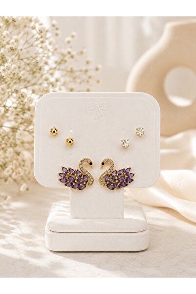 Lilith Takı Gold Purple Stone Swan Earrings |   Elegant Zircon Detailed Styli...
