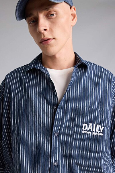 DeFacto Boxy Fit Printed Cotton Long Sleeve Striped White Shirt I1142Ax26Sm