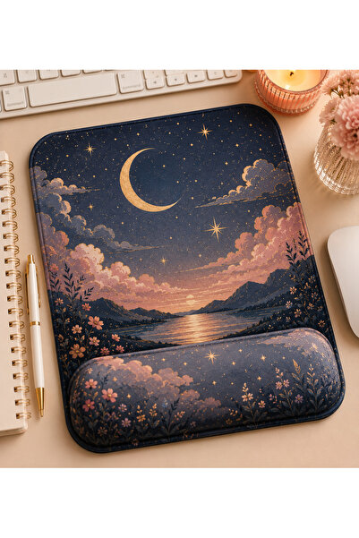 matizya Ay ve Yıldız Manzara Desenli Bilek Destekli Mouse Pad 19x23 cm Ergono...