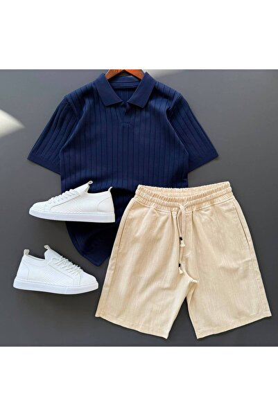 Beylerce Nurse Collar Knitwear T-Shirt + Raw Linen Shorts 2-Piece Combination