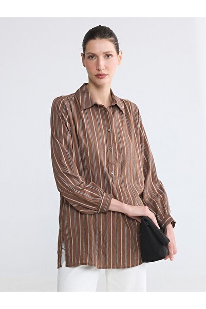 LC Waikiki Lcwaikiki Classic Brown Shirt Collar Striped Dobby Women's Tunic