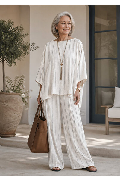 NSMLİFE Γυναικείο Σετ με Λευκές Ρίγες, Μπλούζα Oversize και Φαρδύ Παντελόνι, ...