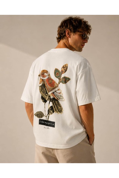 CANMODA Unisex White Ethnic Bird Patterned Oversize T-Shirt