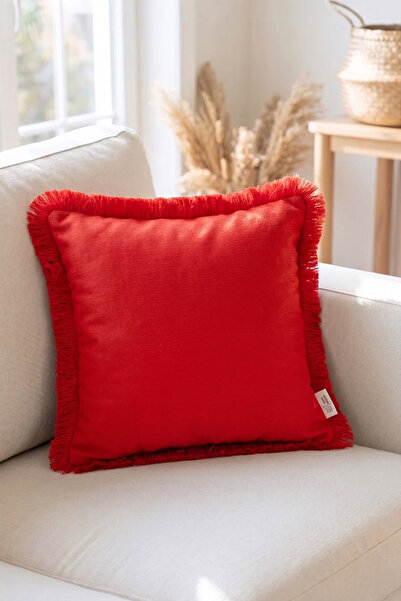Alseko Concept Red Background, Red Tassels 43X43Cm 1 Piece Square Throw Pillo...